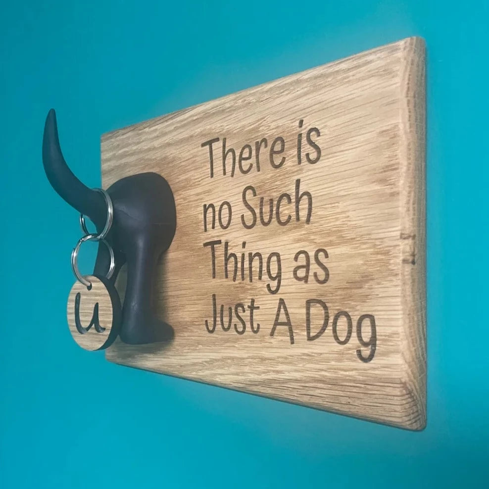 Handcrafted Oak Wooden Dog Leash Holder with Inspirational Quote